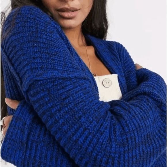 Free People High Hopes Blue Black Chunky Knit Sweater Cardigan Small - Picture 10 of 11